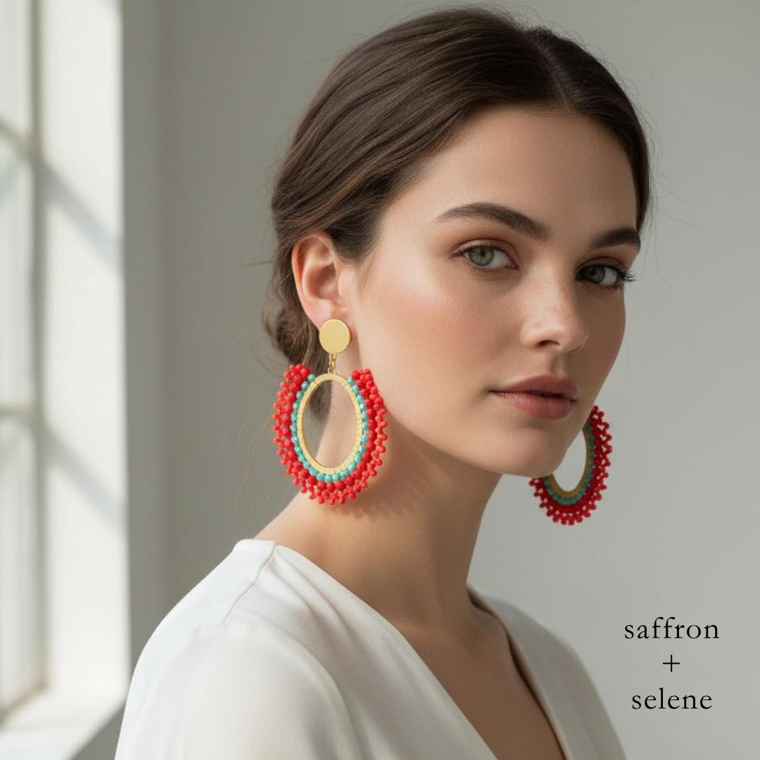 Handmade Seed Bead Dangle Earrings: Coral, Red, Turquoise, Gold - Jewelry Gifts for her