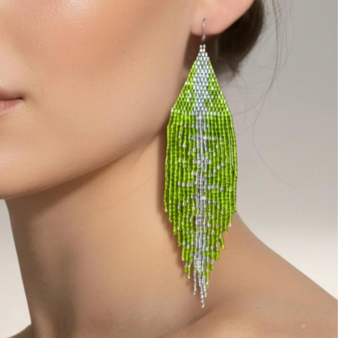 Handmade Chartreuse Green Seed Bead Fringe Earrings – Metallic Silver Accents, Boho Statement Jewelry