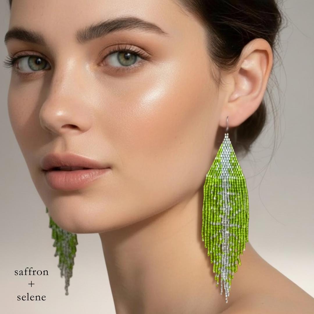 Handmade Chartreuse Green Seed Bead Fringe Earrings – Metallic Silver Accents, Boho Statement Jewelry