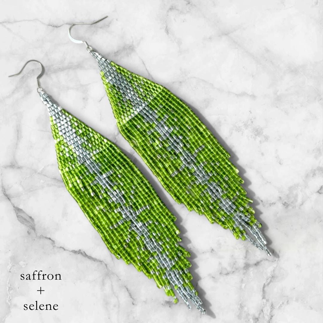 Handmade Chartreuse Green Seed Bead Fringe Earrings – Metallic Silver Accents, Boho Statement Jewelry