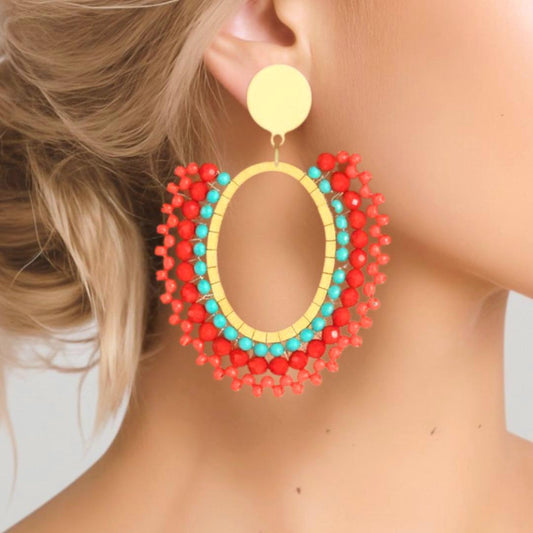 Handmade Seed Bead Dangle Earrings: Coral, Red, Turquoise, Gold - Jewelry Gifts for her
