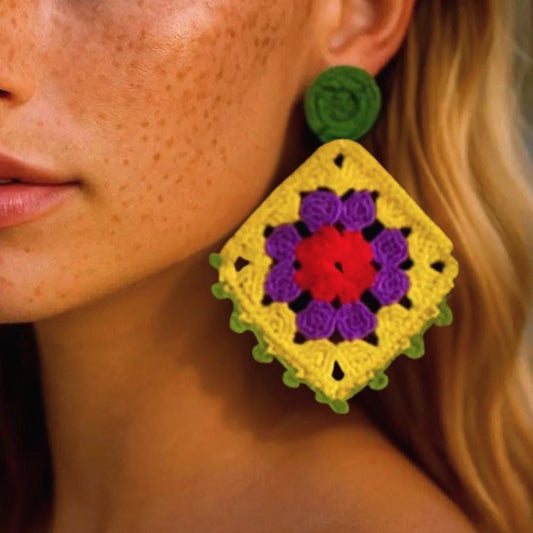 Granny Square Crochet Earrings: Boho Festival Statement Dangles - Jewelry gift for her