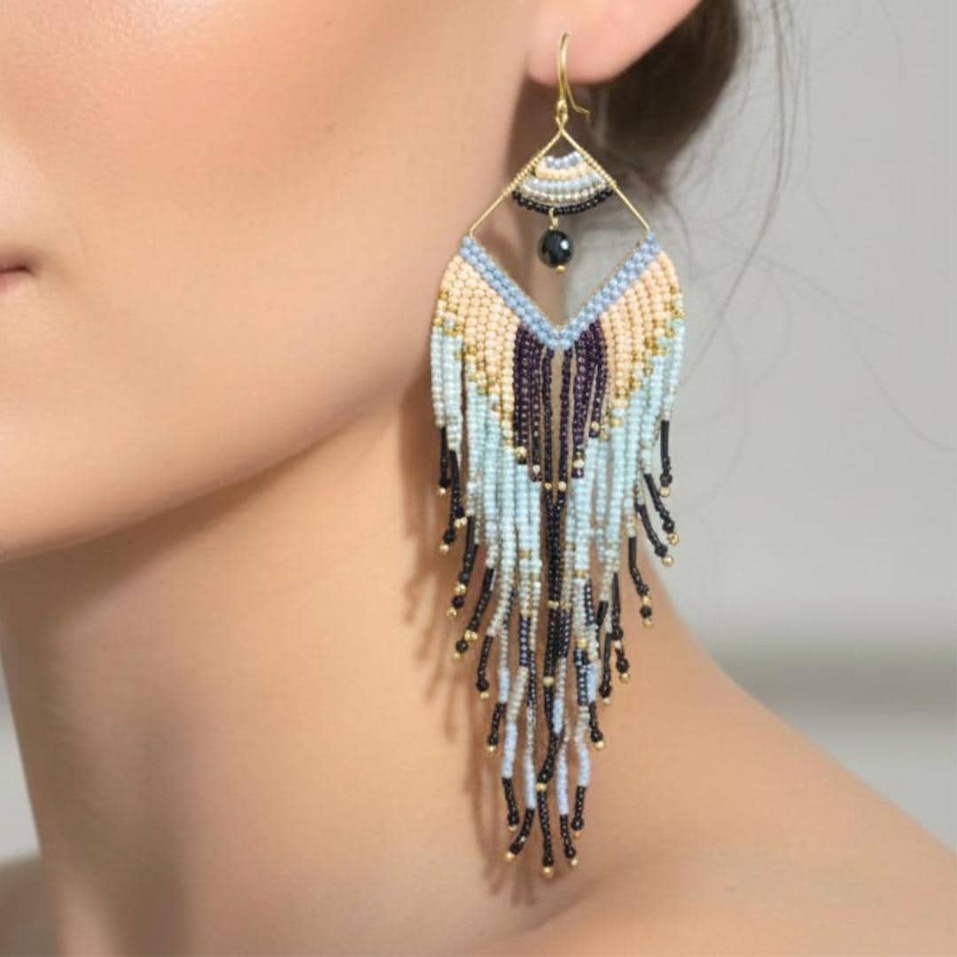 Boho Fringe Earrings Beaded Statement Neutral Gold Black Dangle