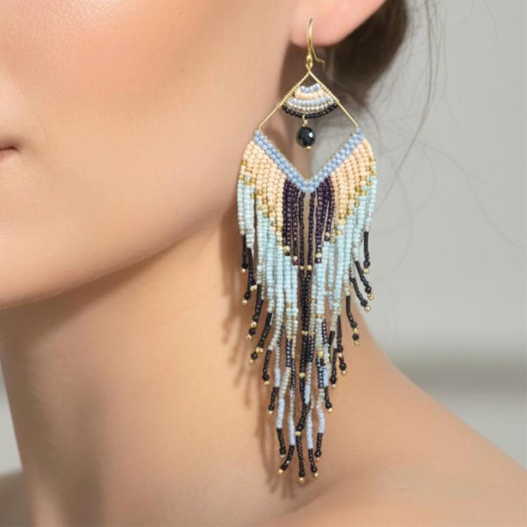Neutral Fringe Earrings Cream Black Gold Beaded Statement Drop