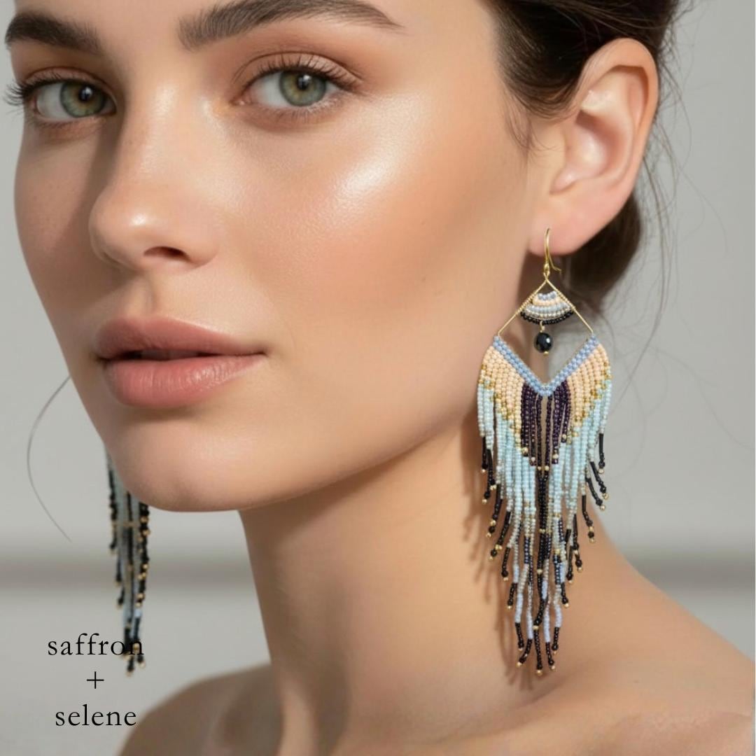 Boho Fringe Earrings Beaded Statement Neutral Gold Black Dangle