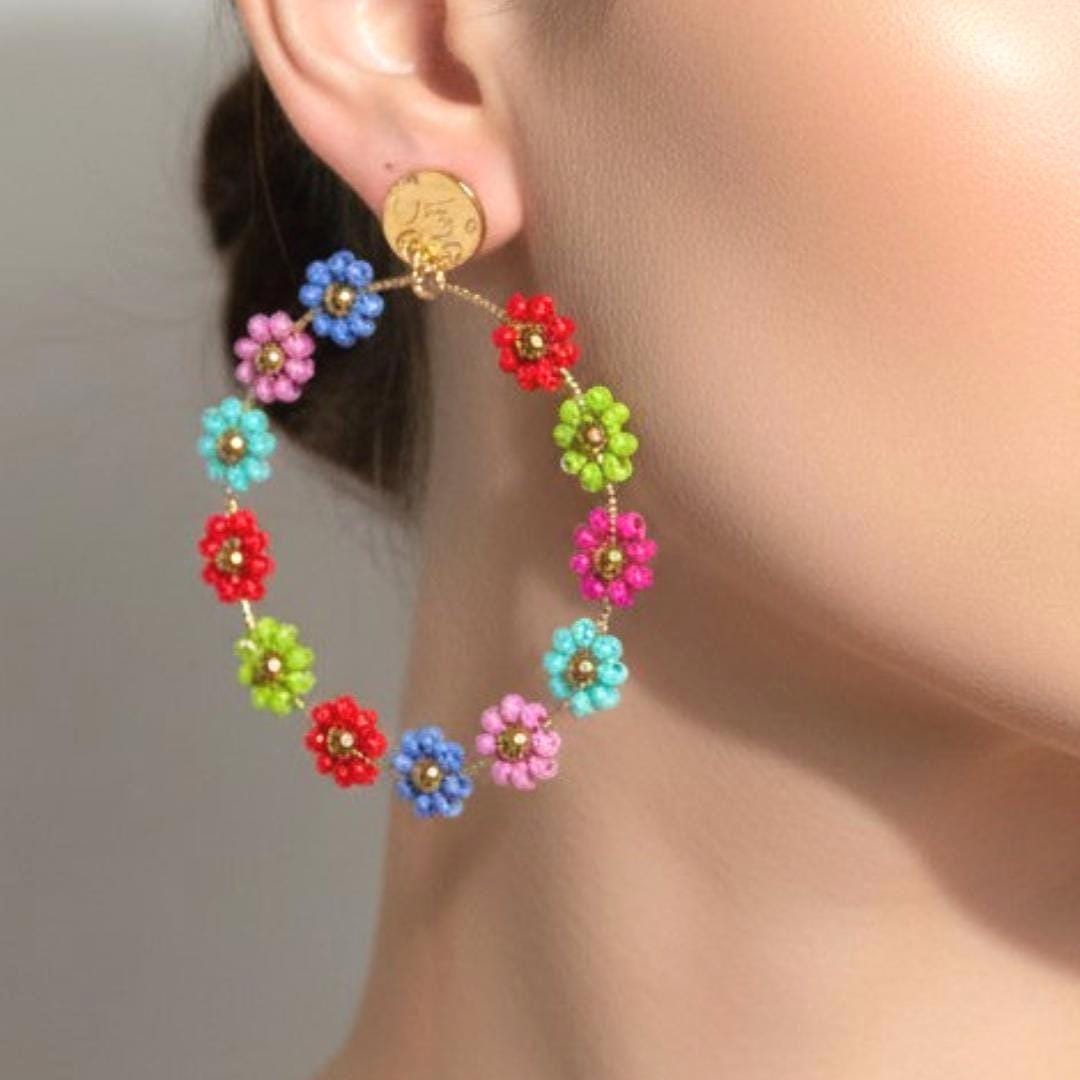 Hoop Earrings Boho - Handmade seed bead bright coloured flowers - Jewelry Gifts for her