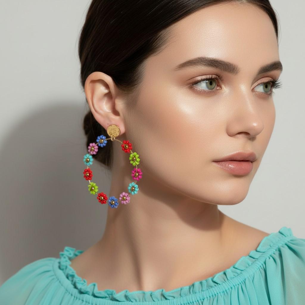 Hoop Earrings Boho - Handmade seed bead bright coloured flowers - Jewelry Gifts for her