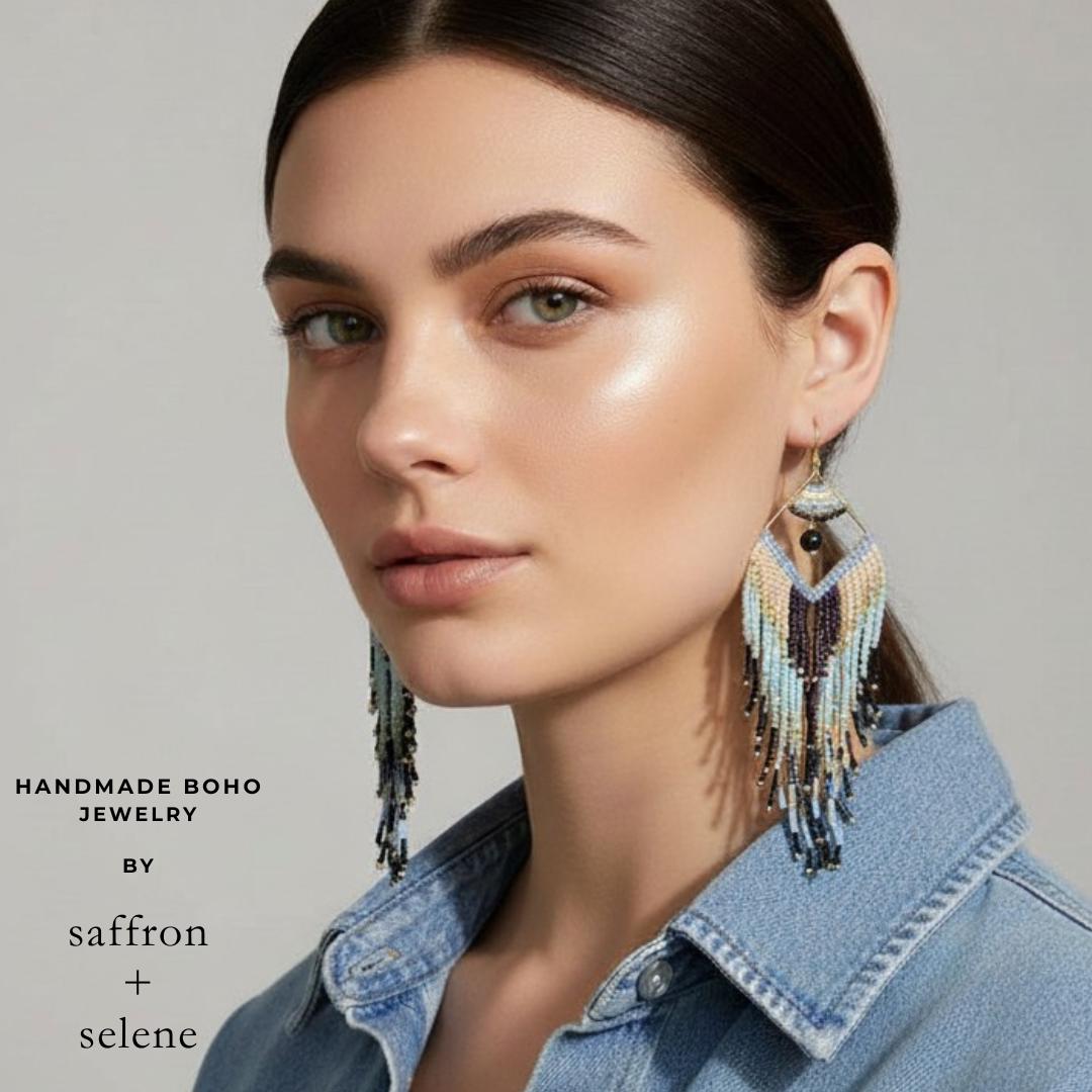 Neutral Fringe Earrings Cream Black Gold Beaded Statement Drop