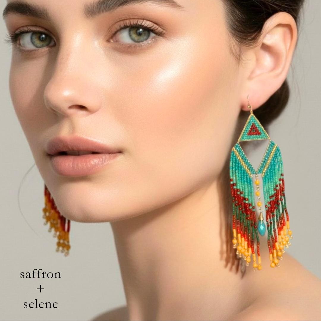 Close up of turquoise beaded earrings showing intricate detail