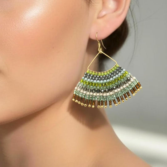 Green Fringe Earrings: Seed Bead Bird Wing Jewelry - Handmade Boho Jewelry Gifts -Chartreuse