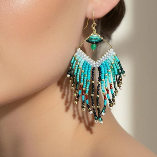 Turquoise Fringe Earrings Boho – Seed Bead Statement – Long Beaded – Festival Jewelry Gift for Her