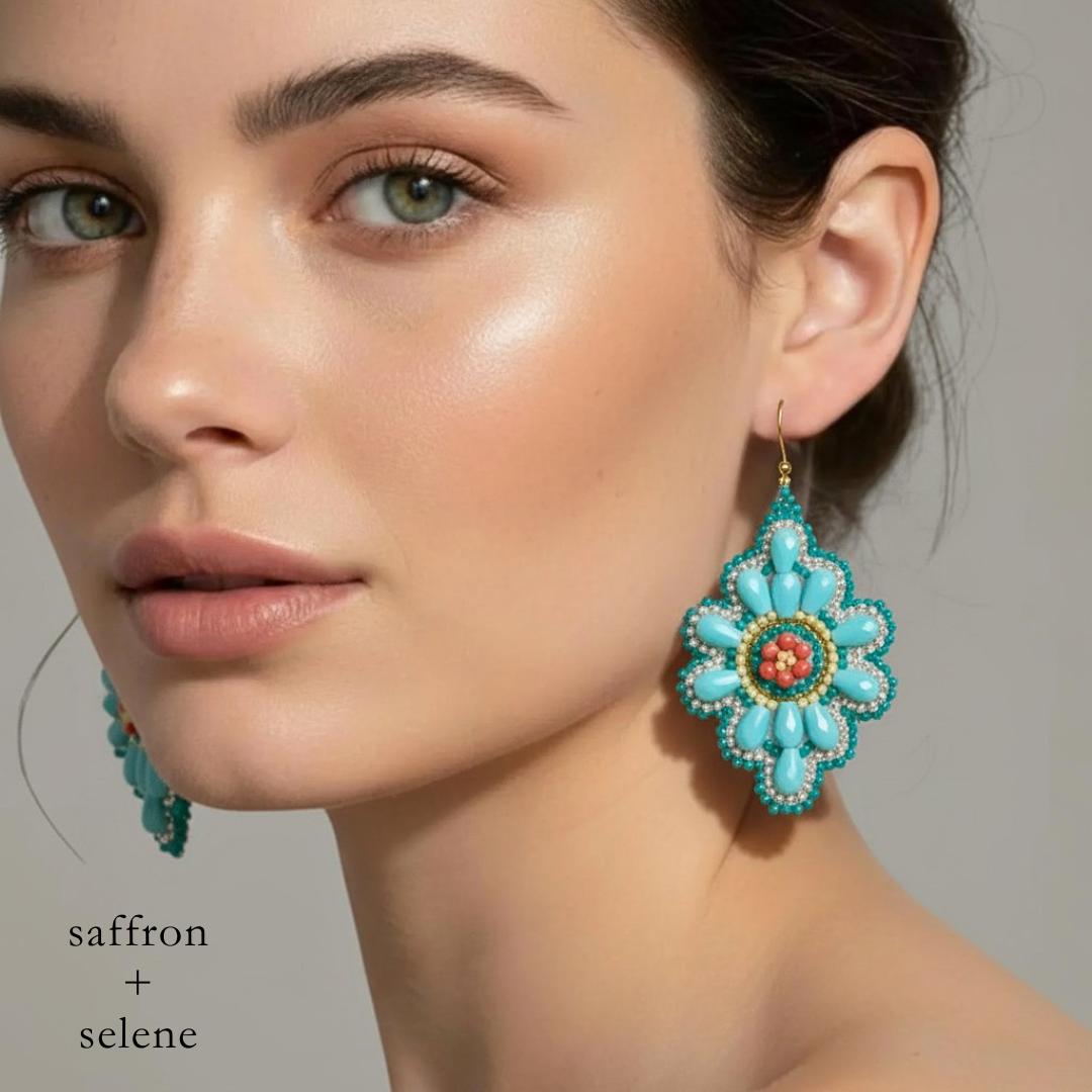 Turquoise Beaded Earrings: Handmade Floral Boho Dangles, Jewelry gifts for her