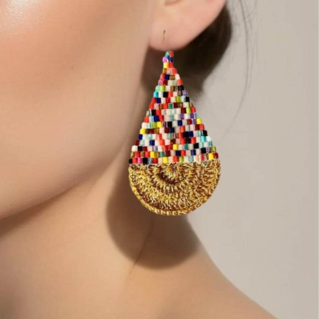 Rainbow Seed Bead Teardrop Earrings: Gold Crochet Boho Dangles