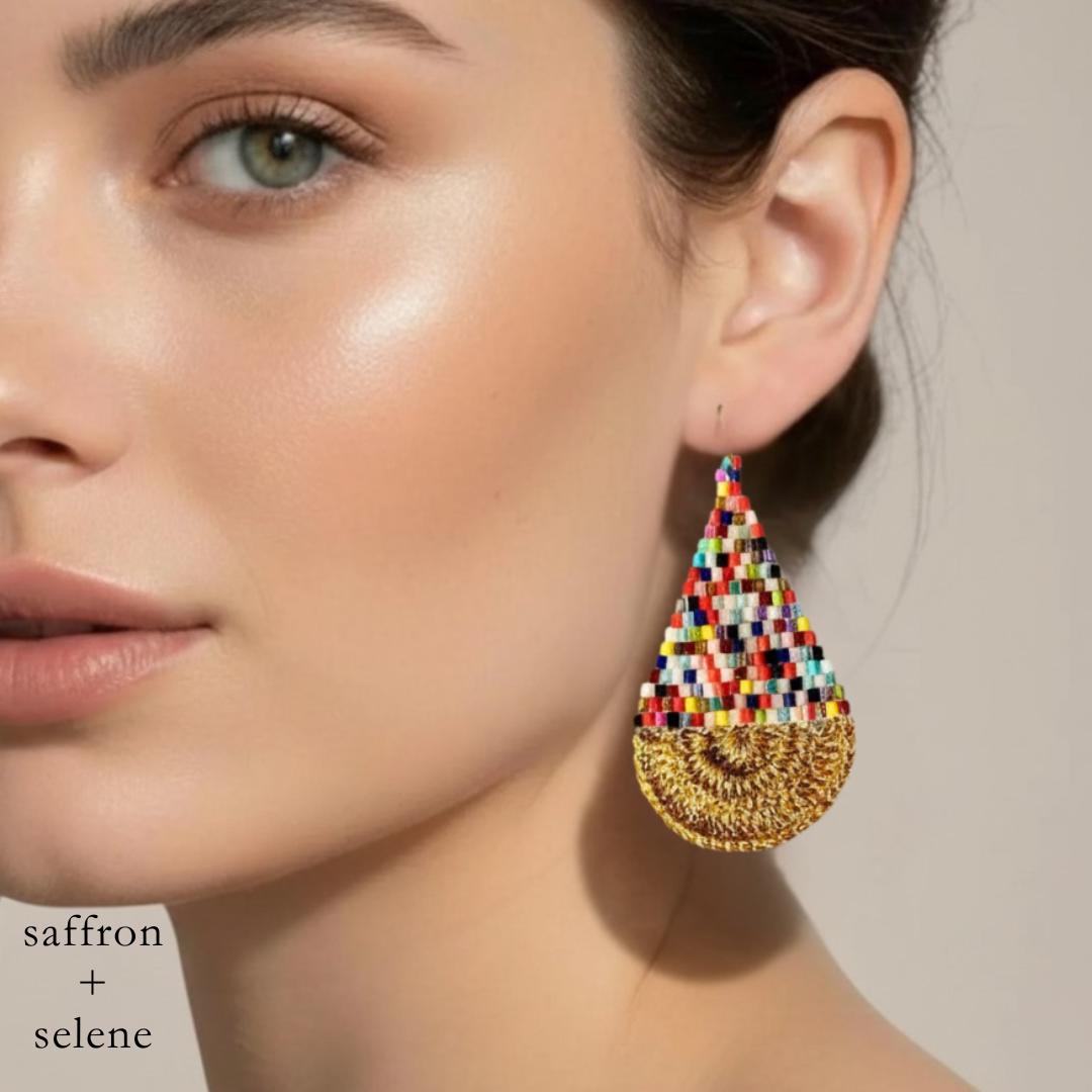 Rainbow Seed Bead Teardrop Earrings: Gold Crochet Boho Dangles