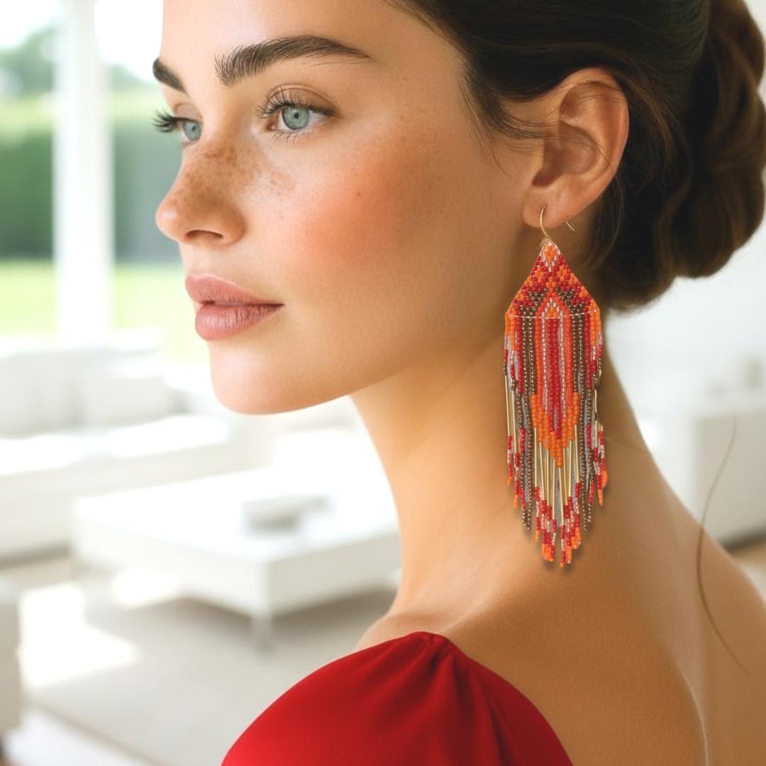 Handmade Beaded Fringe Earrings – Orange, Red, Gold Art Deco Style - for holiday gifting and evening jewelry.  Hand Beaded with Japanese Seed Beads by Saffron and Selene Boho Jewelry