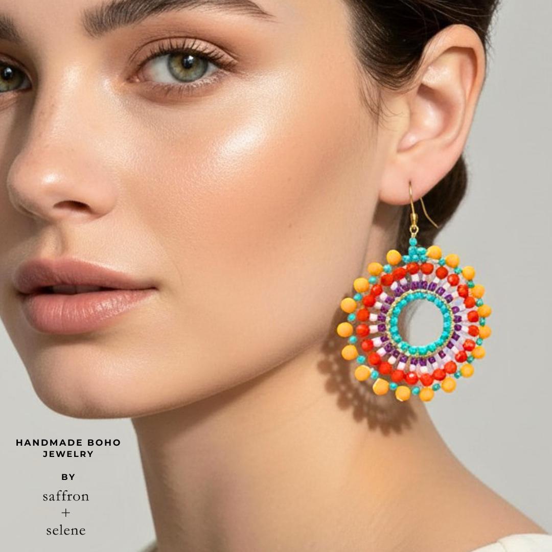 Rainbow Seed Bead Earrings: Boho Dangle Jewelry gift for her - Statement hoop earrings