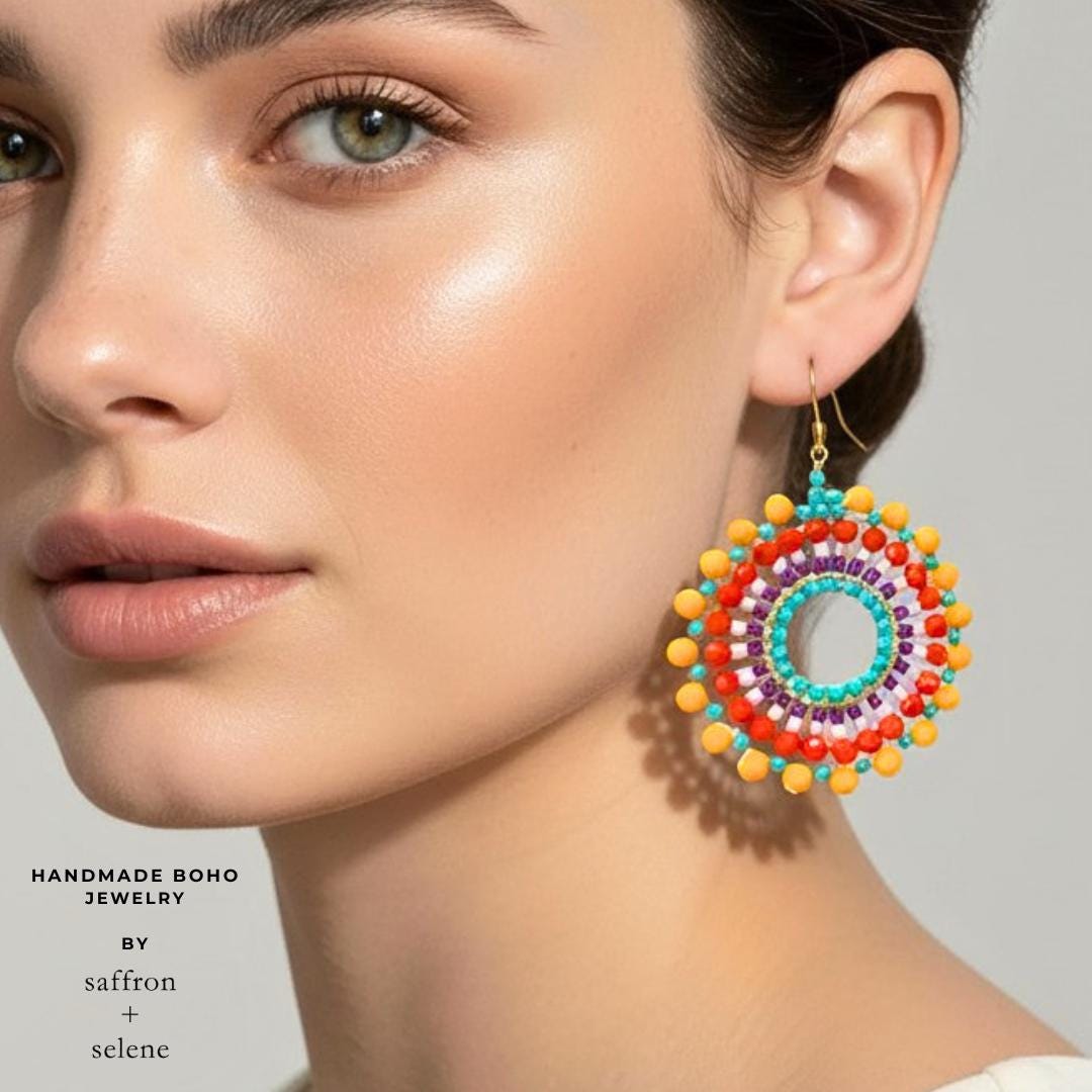 Rainbow Seed Bead Earrings: Boho Dangle Jewelry gift for her - Statement hoop earrings