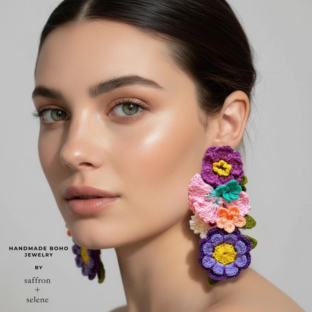Pastel Flower Earrings Crochet Statement Floral Dangle Lilac Pink Summer Jewelry