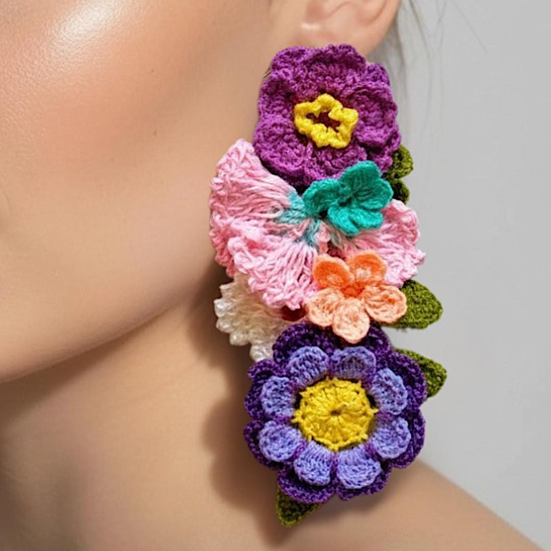 Pastel Flower Earrings Crochet Statement Floral Dangle Lilac Pink Summer Jewelry