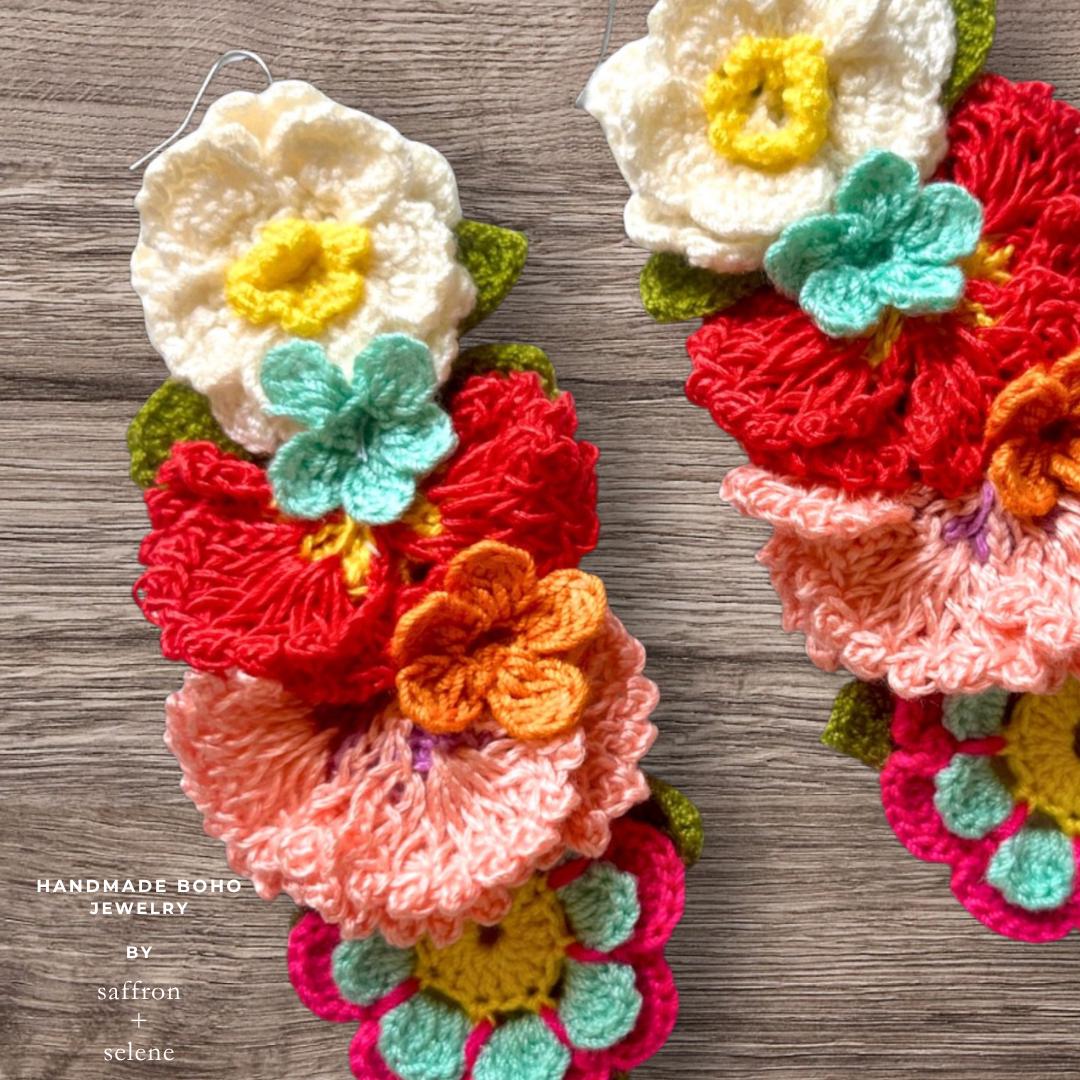 Daisy Flower Earrings Crochet Statement Floral Dangle Colorful Summer Jewelry
