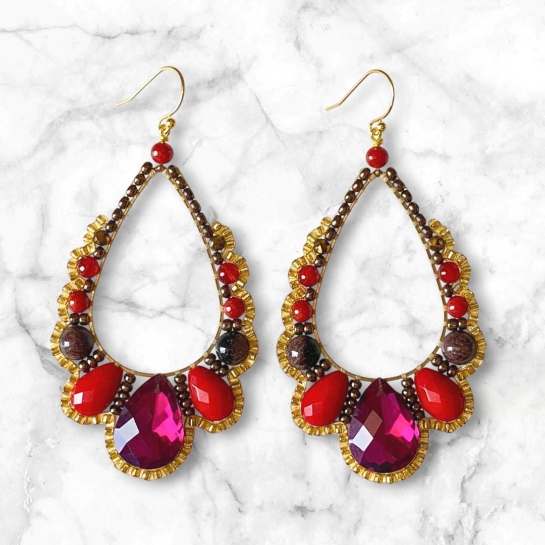 Red Crystal Teardrop Earrings – Statement Drop Gold Dangles – Elegant Handmade Jewelry Gift for Her