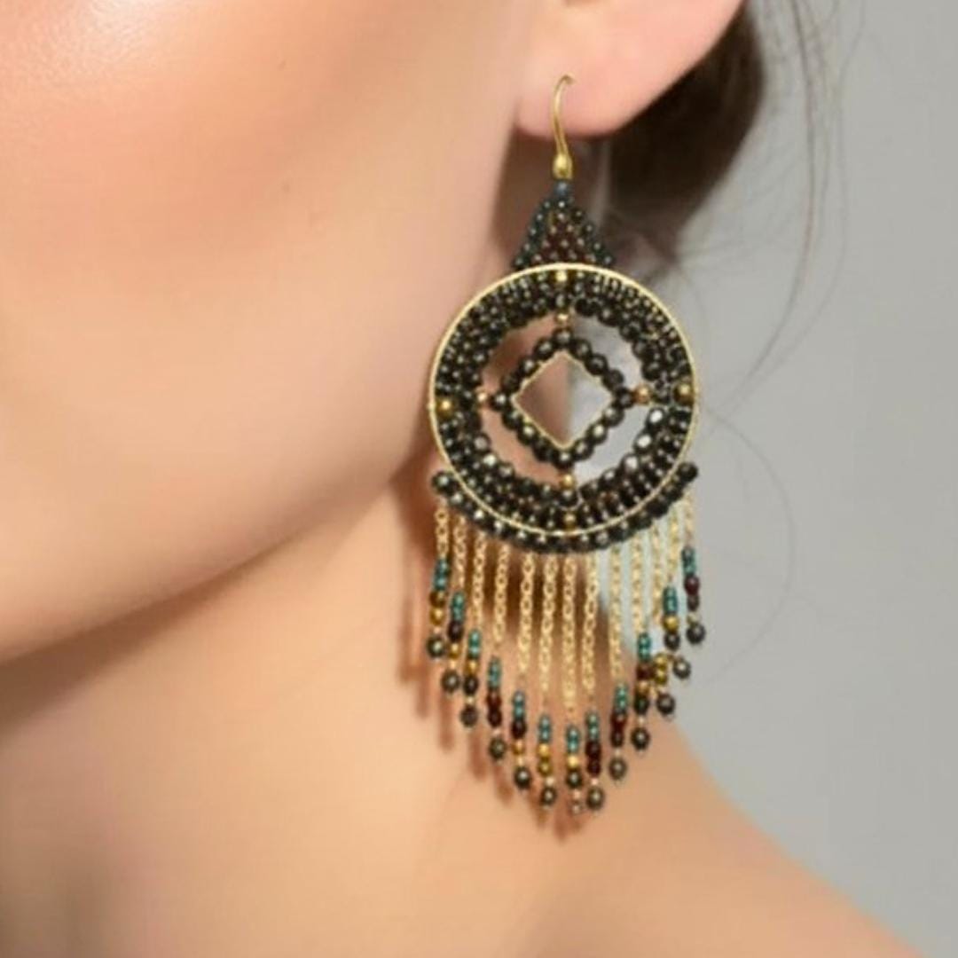 Black Beaded Evening Earrings: Gold-Plated Fringe, Art Deco Style