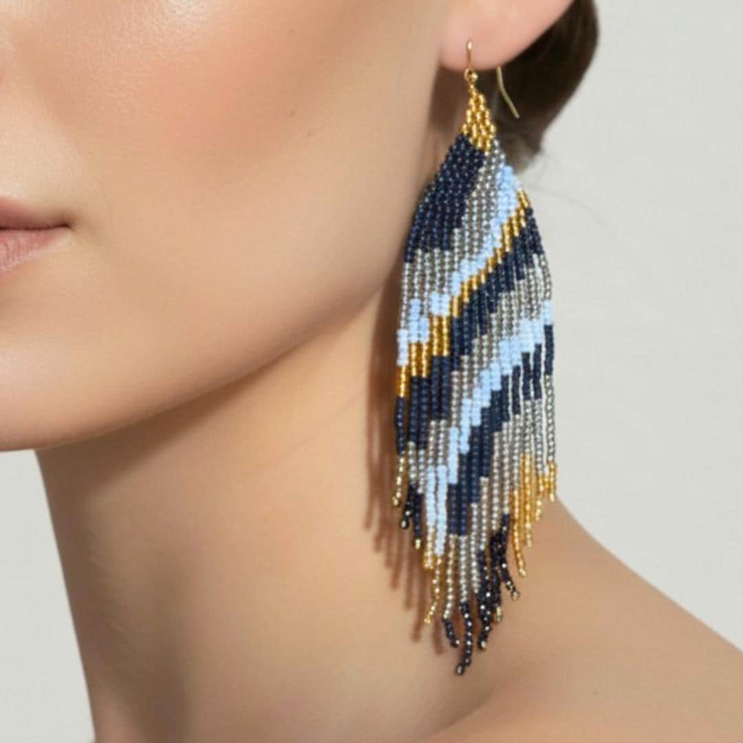 Black Gold Fringe Earrings Statement Beaded Animal Print Long Dangle Gift