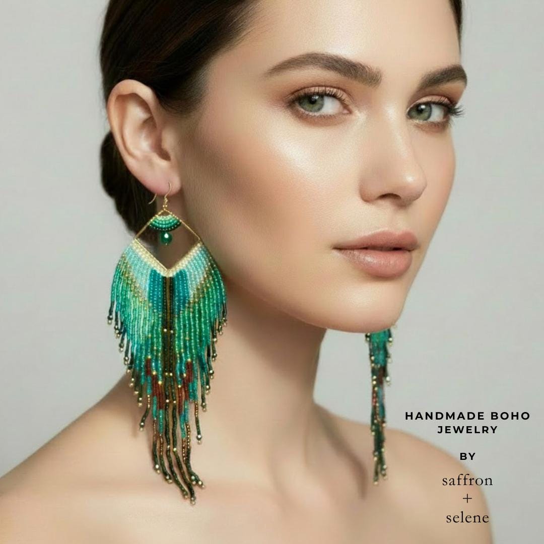 Peacock Feather Earrings Green Fringe Statement Beaded Dangle Gift for Her