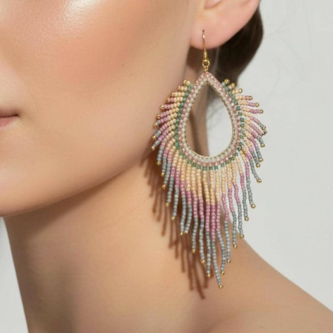 Pale Pink Jade Fringe Earrings Beaded Statement Dangle Boho