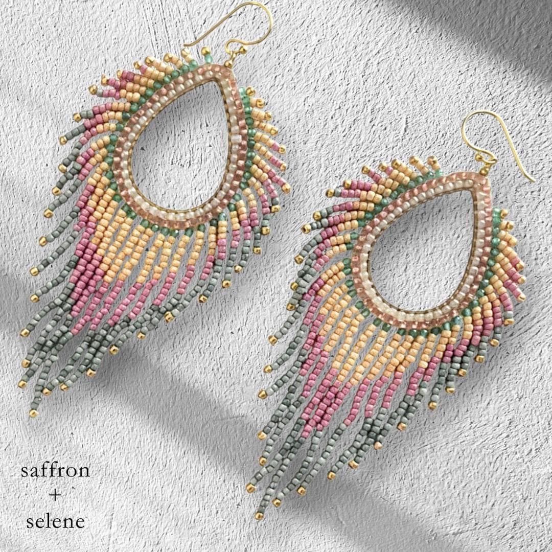 Pale Pink Jade Fringe Earrings Beaded Statement Dangle Boho