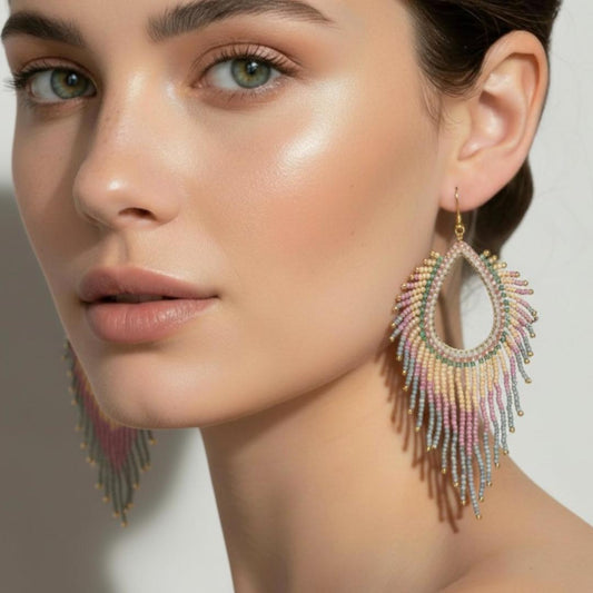Boho Fringe Earrings Festival Statement Beaded Drop Dangle