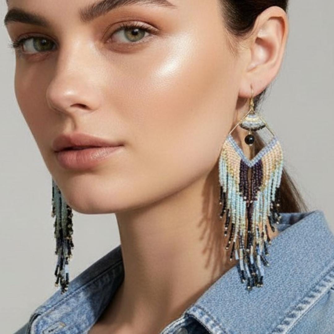 Boho Tribal Fringe Earrings Statement Beaded Festival Drop