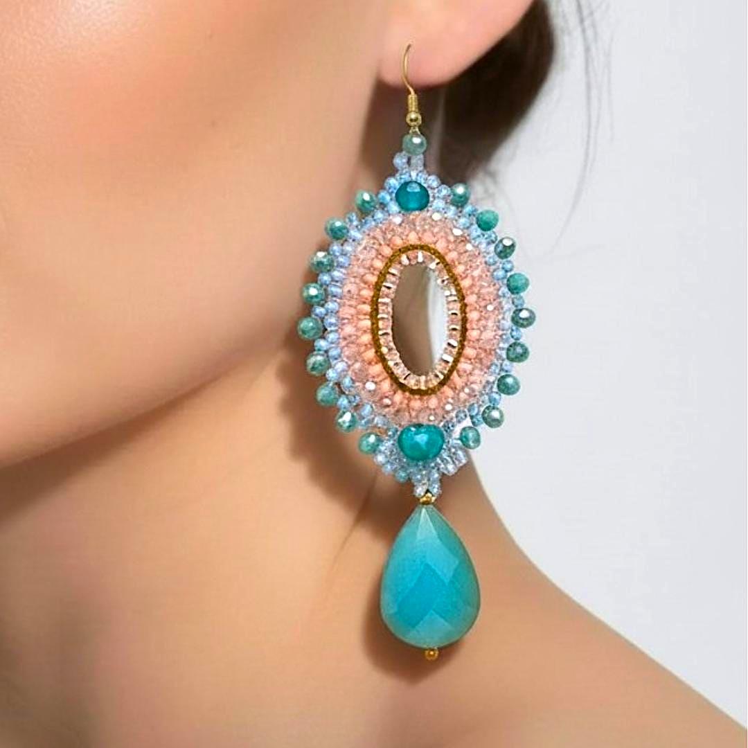 Turquoise Teardrop Seed Bead Earrings: Pink Crystal Boho Jewelry gifts for her
