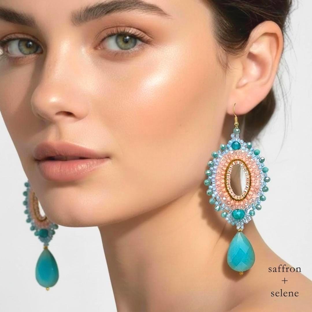 Turquoise Teardrop Seed Bead Earrings: Pink Crystal Boho Jewelry gifts for her