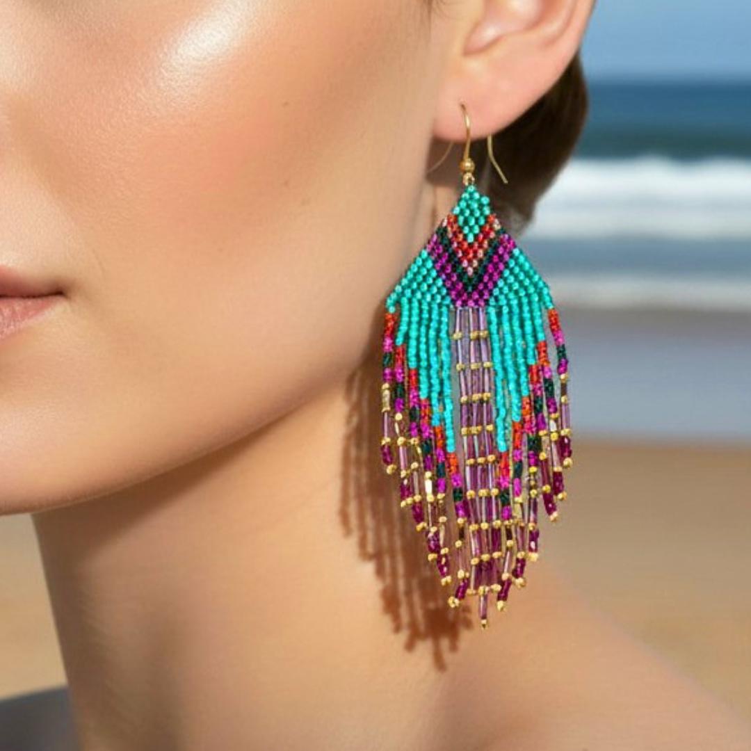 Turquoise Fringe Earrings Beaded Boho Statement Drop Colorful Festival Jewelry