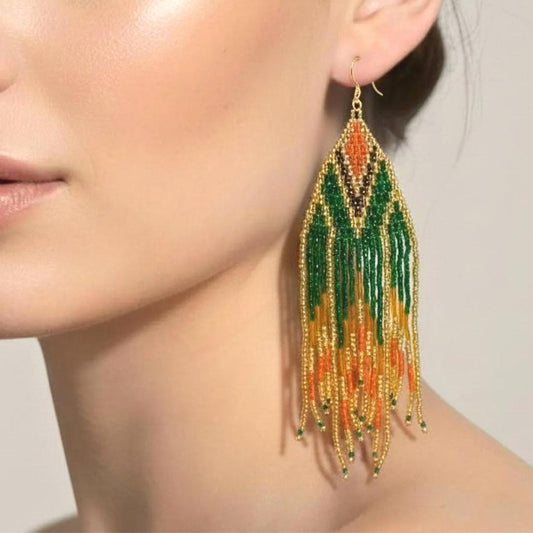 Fringe Earrings Boho – Seed Bead Statement Earrings – Long Beaded – Festival Jewelry Gift for Her