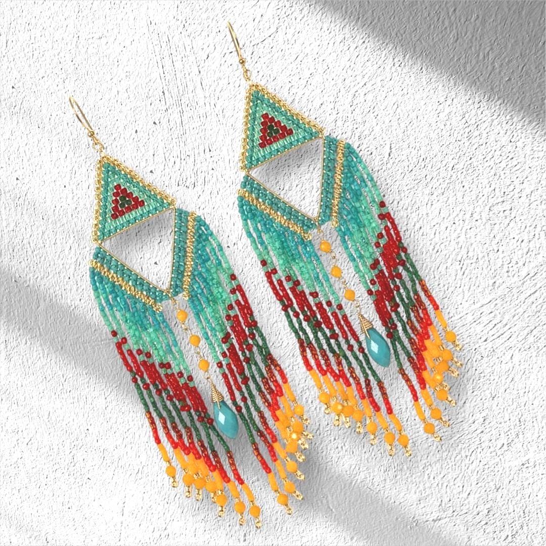 Turquoise Beaded Fringe Statement Earrings – Boho Drop Dangle Handmade Jewelry