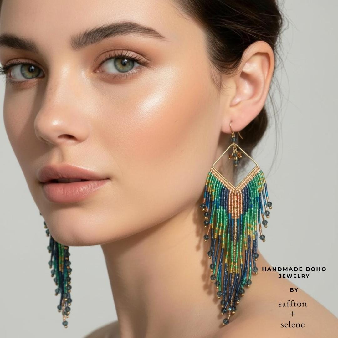 Teal Blue Fringe Earrings, Peacock Beaded Dangle, Long Statement Jewelry, Boho Style