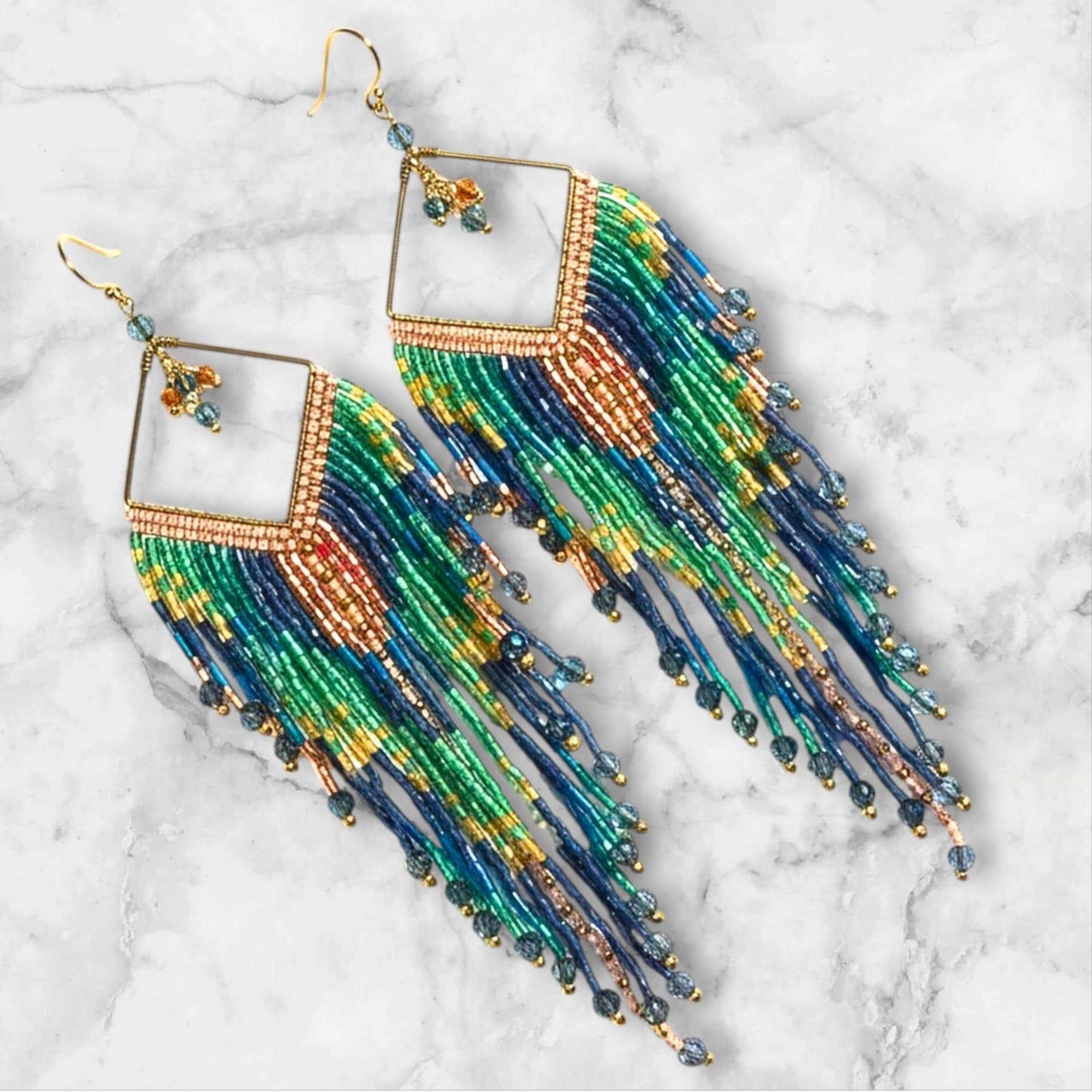 Turquoise Fringe Earrings Boho Statement Handmade Beaded Drop Dangle Gift for Her