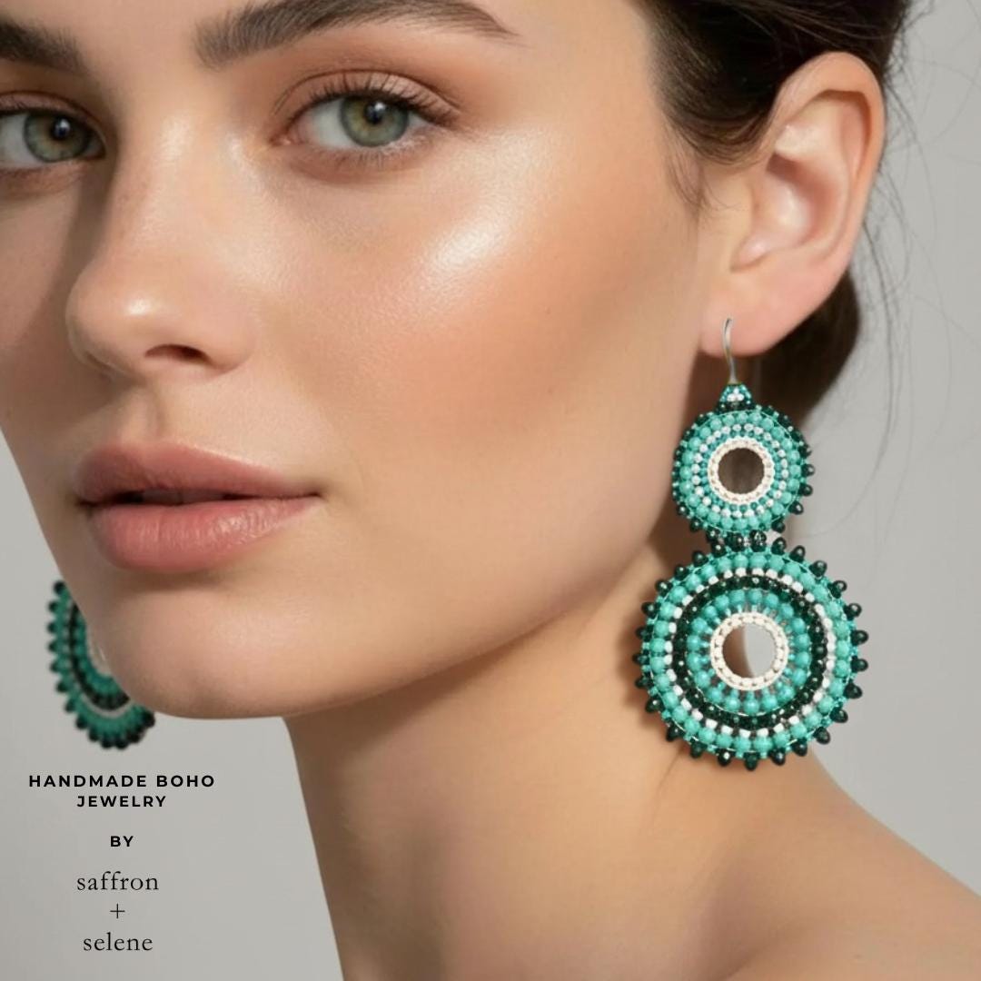 Turquoise Hoop Earrings Beaded Boho Statement Handmade Dangle Gift for Her