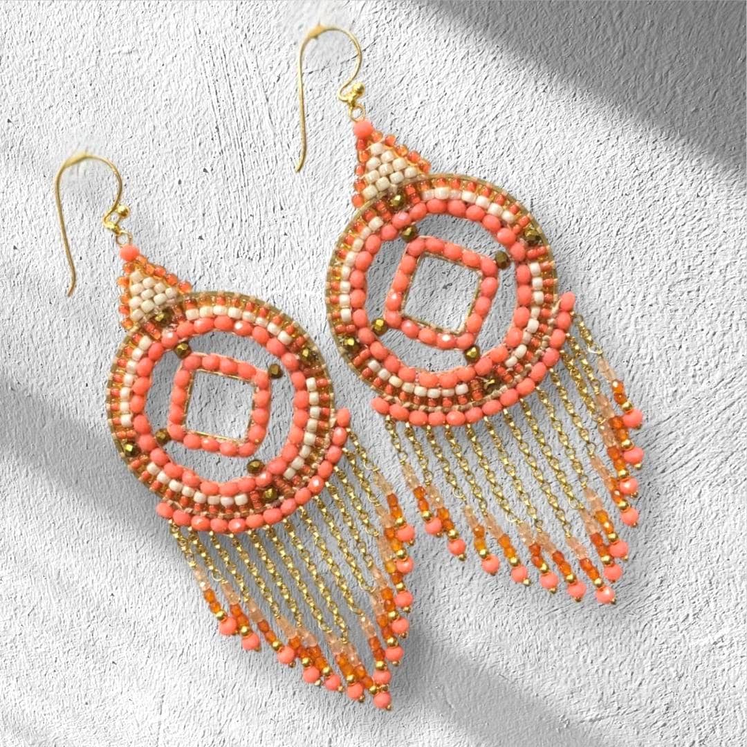 coral peach beaded fringe earrings boho summer statement jewelry