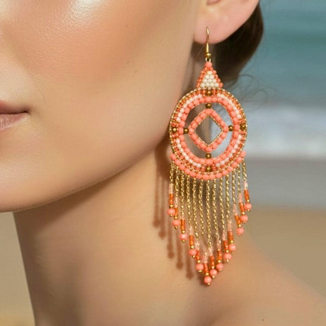 handmade coral fringe earrings gold peach long dangle earrings