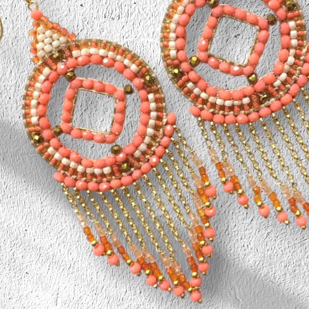 Handcrafted Coral Peach Beaded Fringe Earrings: Boho Summer Festival Style