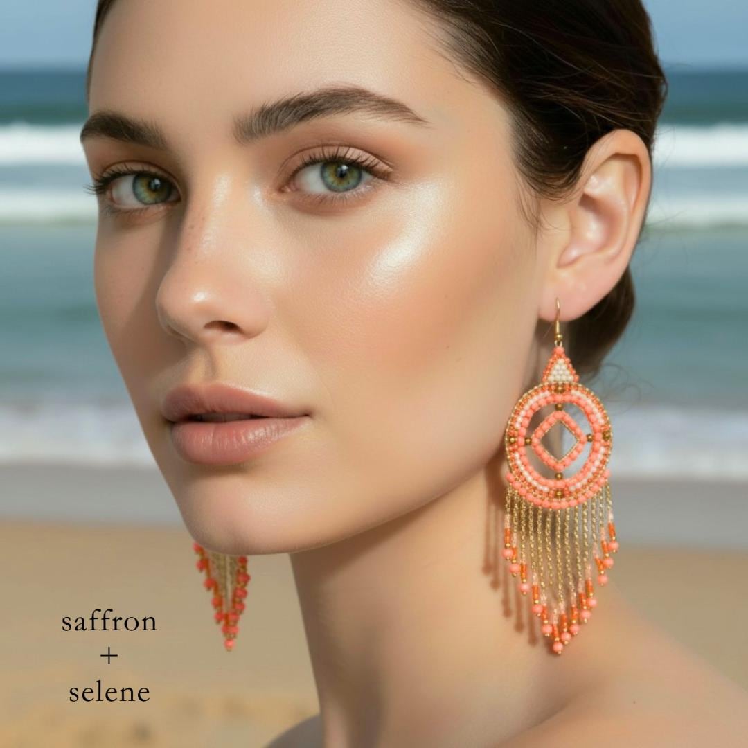 Coral Statement Earrings Peach Beaded Fringe Bold Summer Earrings Wedding Guest Jewelry Gift