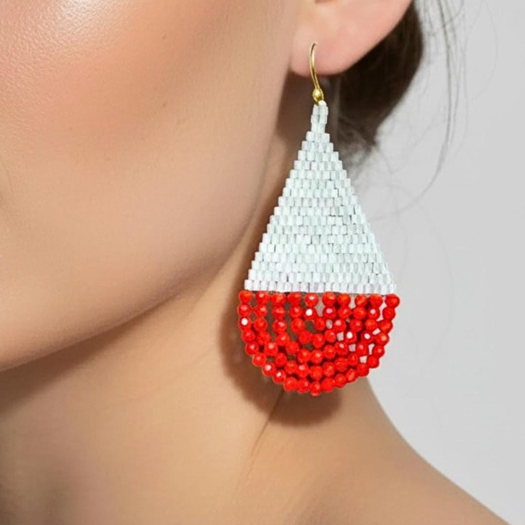 Coral & White Beaded Teardrop Earrings: Handwoven Japanese Seed Beads - jewelry gifts