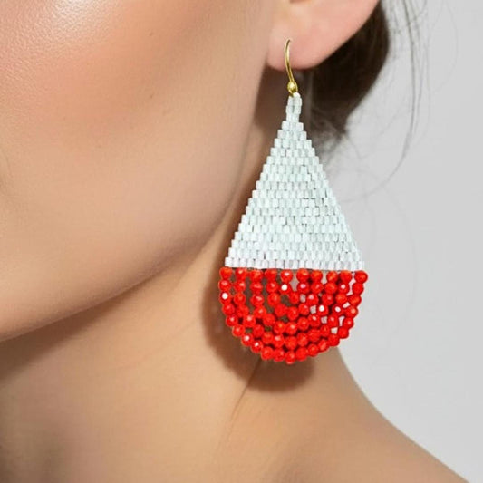 Coral & White Beaded Teardrop Earrings: Handwoven Japanese Seed Beads - jewelry gifts