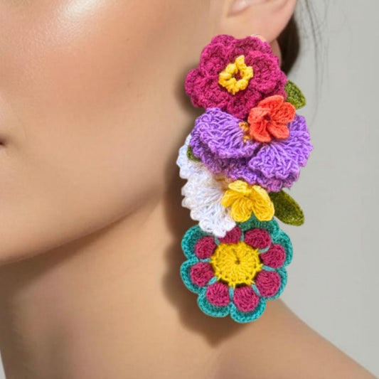 Crochet Flower Earrings Cottagecore Statement Floral Dangle Handmade Colorful Gift