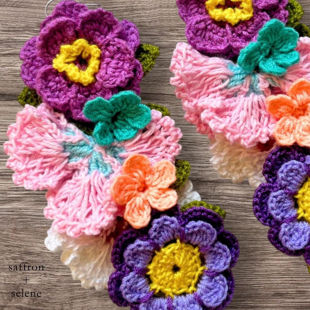 Pastel Flower Earrings Crochet Statement Floral Dangle Lilac Pink Summer Jewelry