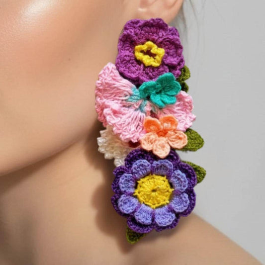 Crochet Flower Statement Earrings: Pastel Cottagecore Dangle Handmade 5-Inch