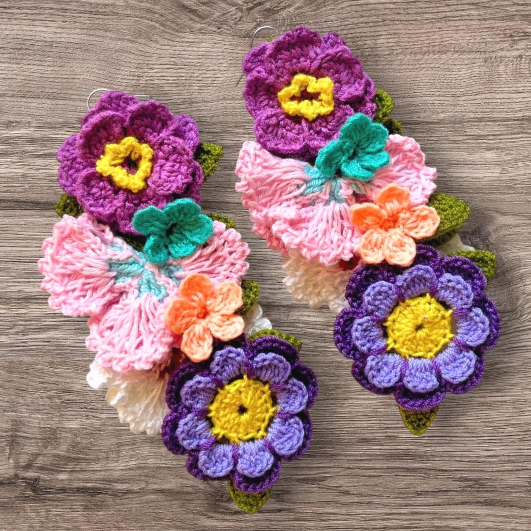 Pastel Flower Earrings Crochet Statement Floral Dangle Lilac Pink Summer Jewelry